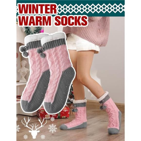 Womens Slipper Fuzzy Grips Socks Fluffy Winter Warm Thick Thermal Cozy Plush - Picture 5 of 7
